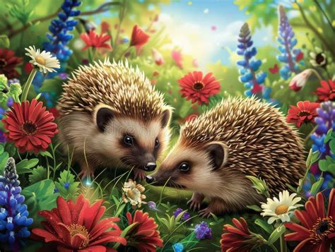 Hedgehogs Uncover Hidden Treasures of Colorful Blooms Stock ...