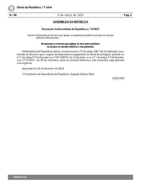 Resolução Da Assembleia Da República N º 15 2023 Pdf