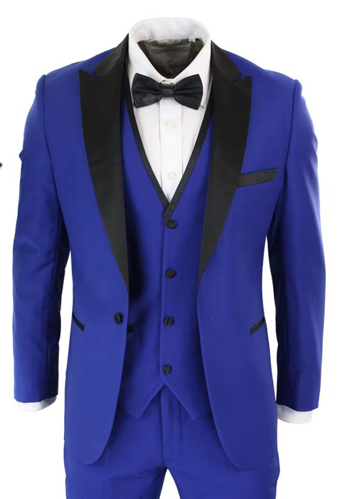 Paul Andrew Regent Blue Mens 3 Piece Blue Black Satin Tuxedo Dinner