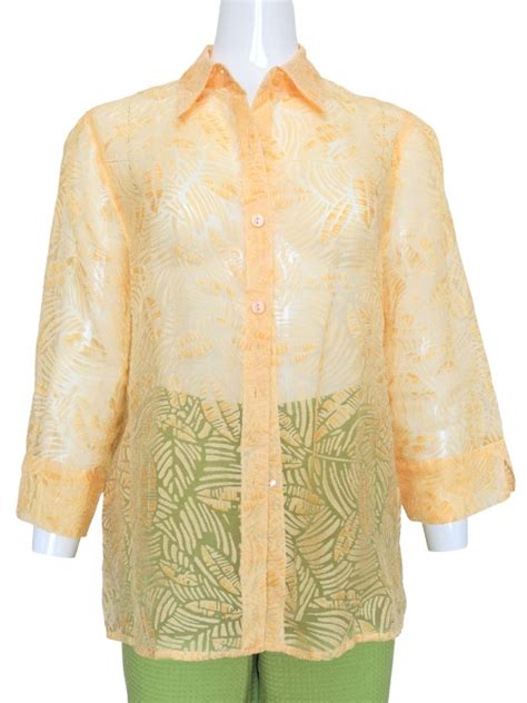 Vintage Yellow Sheer Tropical Palm Print Textured Button Blouse Paper