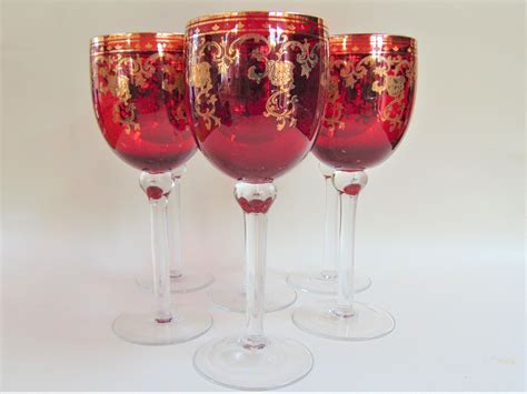 Wine Glass Set Of Six Vintage Ruby Colour Glass Gilded Overlay Etsy Wine Glass Set Vintage