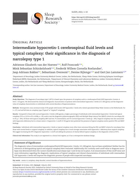 PDF Intermediate Hypocretin 1 Cerebrospinal Fluid Levels And Typical