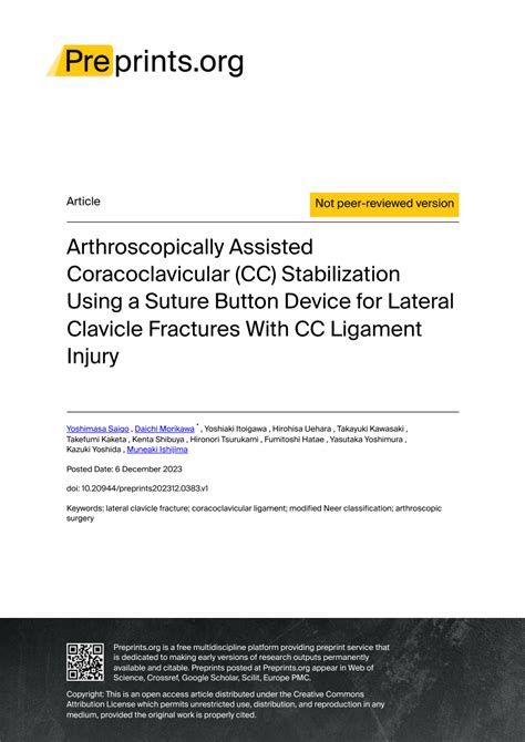 PDF Arthroscopically Assisted Coracoclavicular CC Stabilization