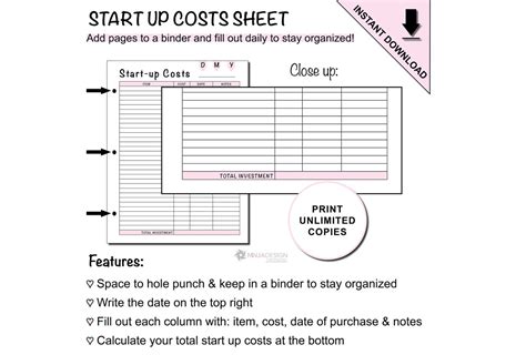 Printable Start Up Cost Sheet For Business Etsy