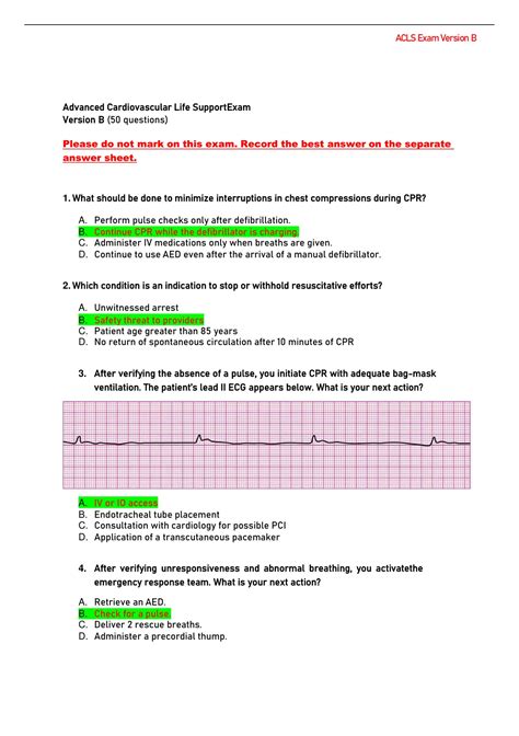 Acls Exam Version B 50 Questions And Answers With Complete Top Solution Rated A Aha Acls