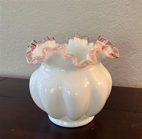 Fenton Milk Glass Peach Pink Crested Ruffled Rose Bowl Vase Etsy