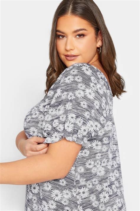 YOURS Plus Size Grey Marl Ditsy Floral Top Yours Clothing