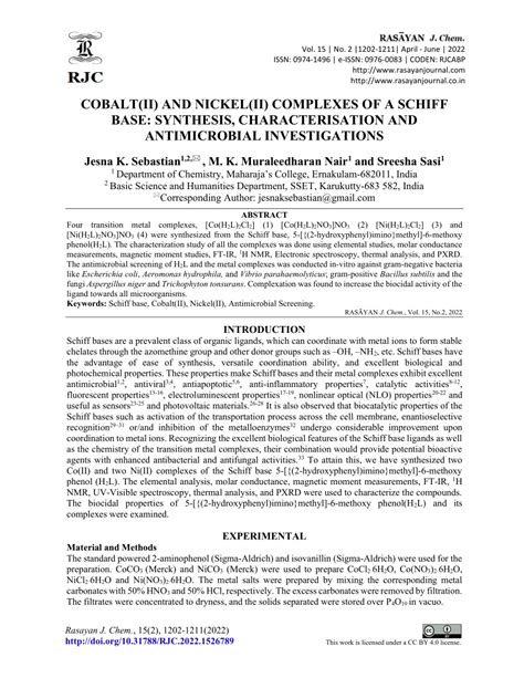 Pdf Cobalt Ii And Nickel Ii Complexes Of A Schiff Base Synthesis