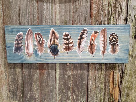 Rustic Blue Boho Feathers Wall Sign Colorful Wood Plaque Decor Etsy