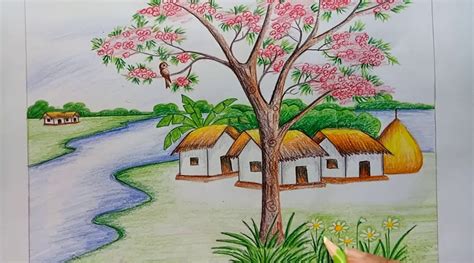 How To Draw Scenery Of Spring Season Step By Video Dailymotion