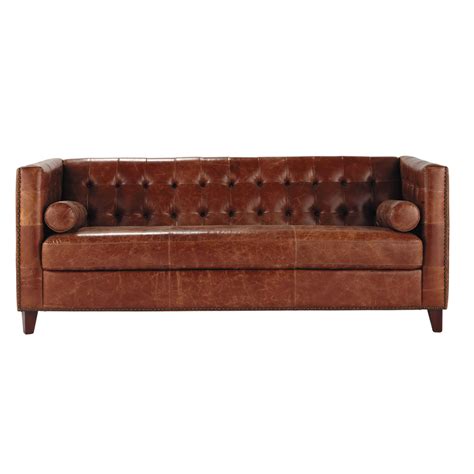 3 Seater Vintage Leather Button Sofa In Brown Garrett Maisons Du Monde