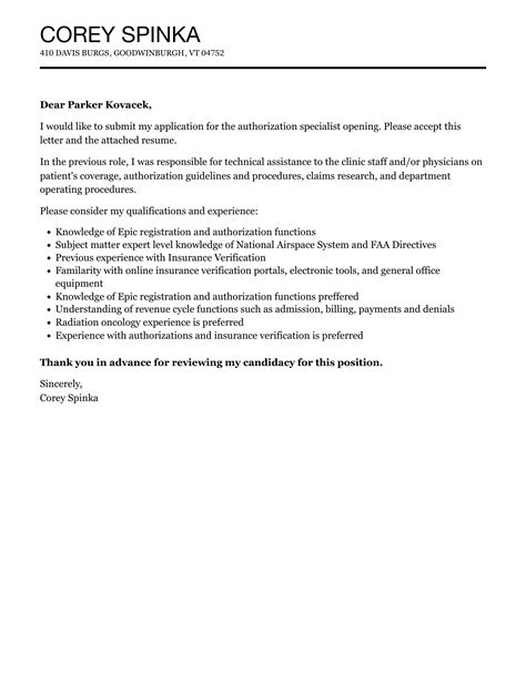 Authorization Specialist Cover Letter Velvet Jobs