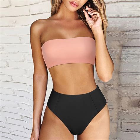 Solid Swimsuit Women 2023 Sexy Bandeau Bathing Suit Push Up Bikini Set High Waist Beachwear