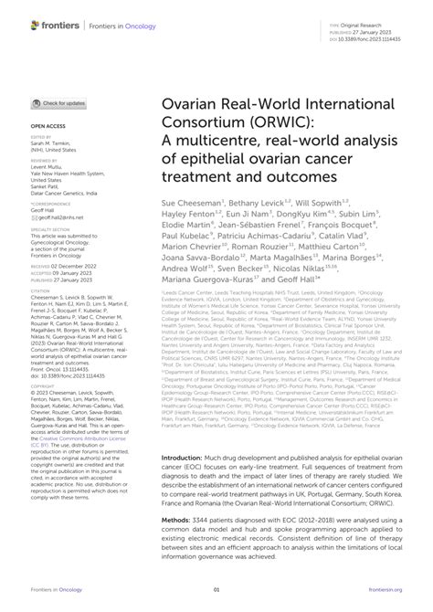 Pdf Ovarian Real World International Consortium Orwic A Multicentre Real World Analysis Of