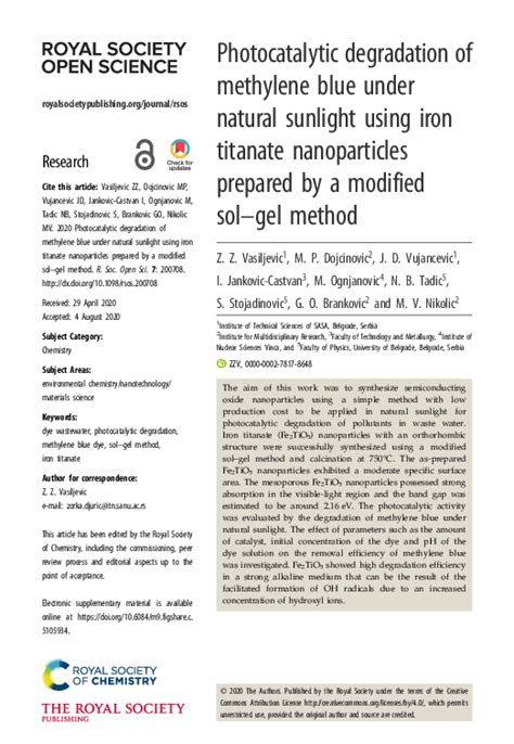 Pdf Photocatalytic Degradation Of Methylene Blue Under Natural