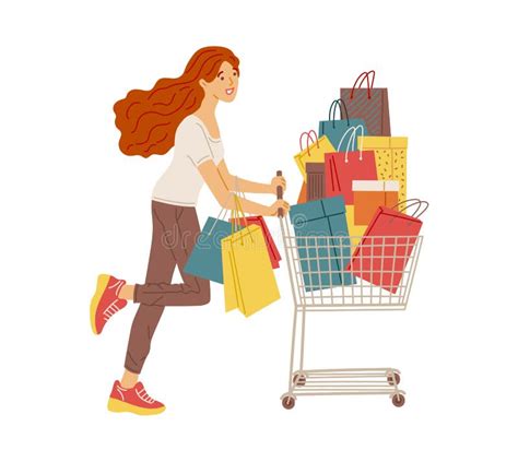 Cartoon Woman Pushing Shopping Cart Stock Illustrations Cartoon