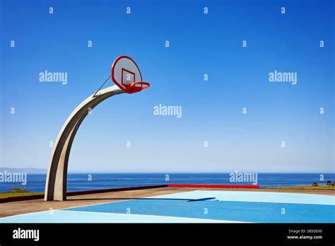 View Basketball Court Ground With Sea On Background At Angel Gate Park