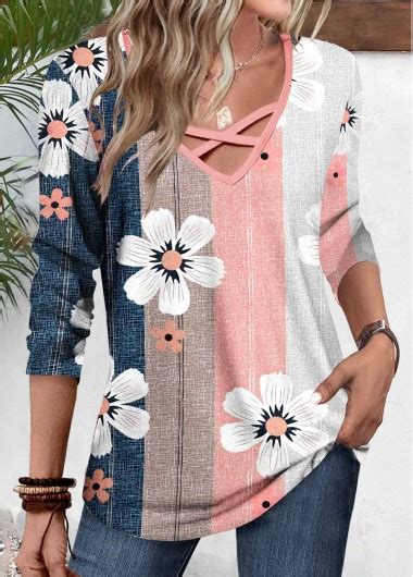 Multi Color Patchwork Floral Print Long Sleeve T Shirt Modlily