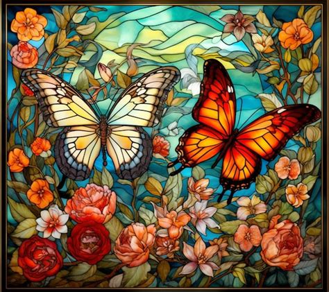 Premium Ai Image Butterflies In A Stained Glass Window With Flowers And Leaves Generative Ai