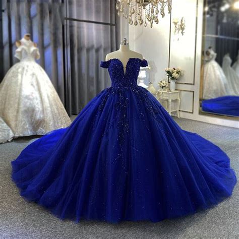 Royal Blue Wedding Dresses Off The Shoulder Lace Appliques A Line