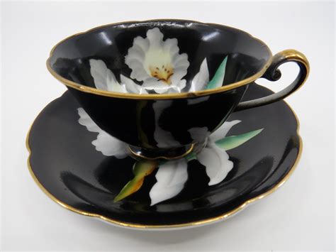 Occupied Japan Black Tea Cup And Saucer Set White Flower Etsy Canada