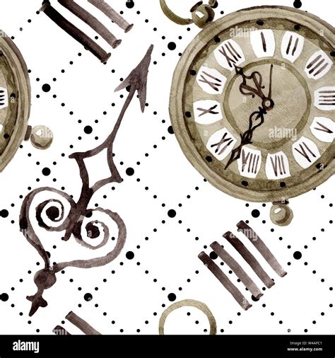 Vintage Old Clock Pocket Watch Watercolor Background Illustration Set