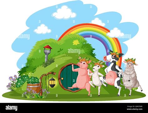 Farm Animals Dancing At Hobbit House On White Background Illustration