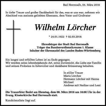 Traueranzeigen Von Wilhelm L Rcher Schwarzw Lder Bote Trauer