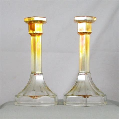 Antique Imperial Marigold Chesterfield Carnival Glass Candle Holders Carnival Glass