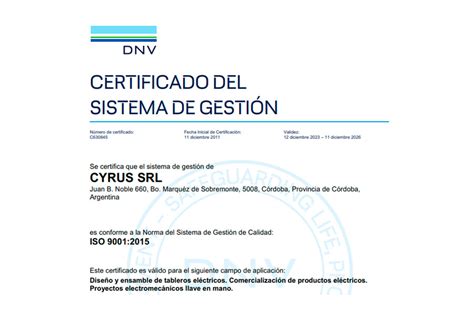 Recertificación de la norma ISO 9001 2015 hasta el año 2026 Cyrus