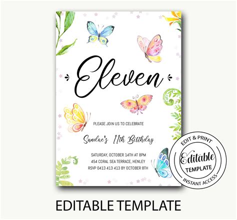 11th Birthday Invitations Butterflies Birthday Etsy Australia