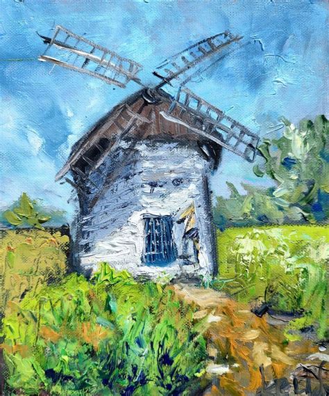 Old windmill in Poland original oil painting small painting rural decor ...