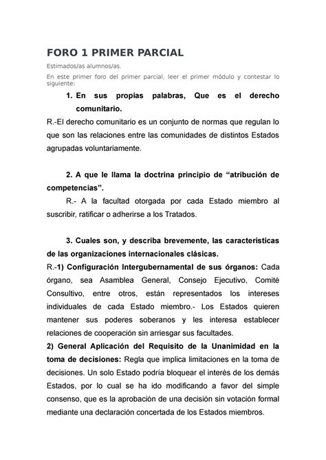 FORO 1 Primer Parcial Foro FORO 1 PRIMER PARCIAL Estimados As