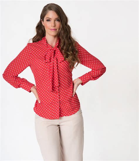 Red White Polka Dot Long Sleeve Button Up Chiffon Blouse Chiffon