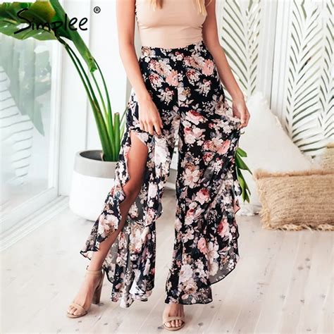 Simplee Boho Floral Casual Women Long Pants High Waist Chiffon Split