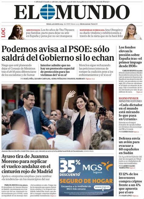 Portada Del Diario El Mundo Del Día 22042023 News Europa