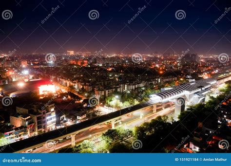 Aerial Cityscape Shot Of Noida Delhi Grugaon At Dusk Night Editorial