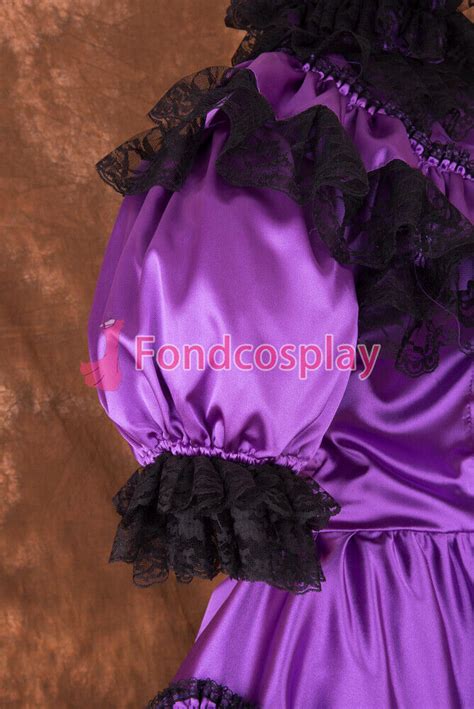 Sexy Lockable Purple Satin Lace Sissy Maid Short Dress Cosplay Costume