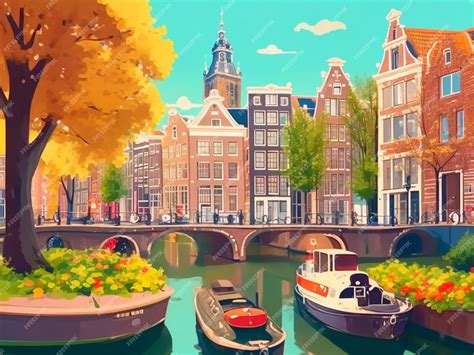 Premium Photo | Amsterdam scenery adorable cartoon style Digital