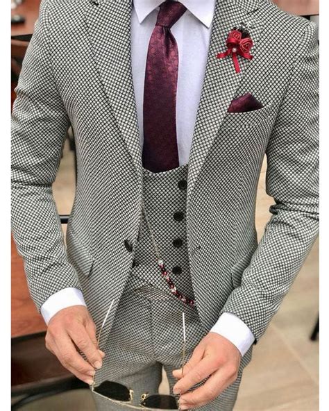 Fashion Wool Houndstooth Men Dress Prom Suits For Wedding Groom Tuxedo Classbydress