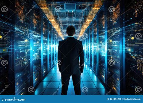 Rear View Of A Businessman Standing In Front Of A Futuristic Server