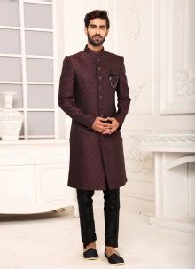 Buy Black Jacquard Work Ceremonial Indo Western Sherwani Online