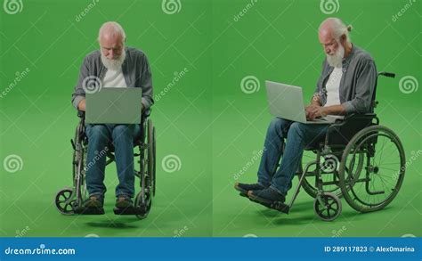 2 In 1 Split Green Screen Montage An Old Man In A Wheelchair Works On A Laptop Stock Video