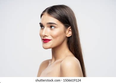 Beautiful Woman Naked Shoulders Red Lips Stock Photo