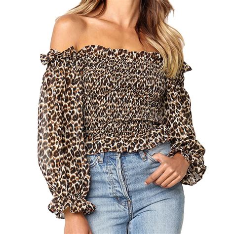 Women Leopard Print Chiffon Blouse Sexy Off Shoulder Long Lantern