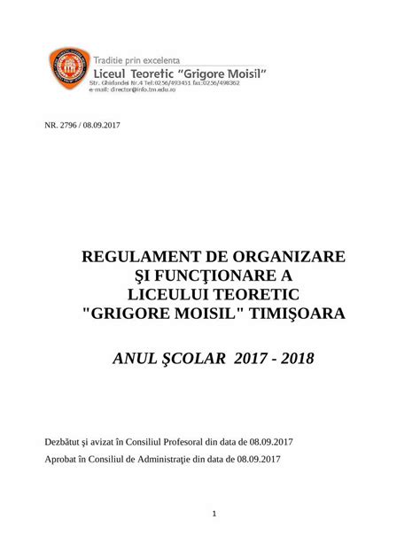 Pdf Regulament De Organizare I Func Ionare A Liceului Info Tm Edu