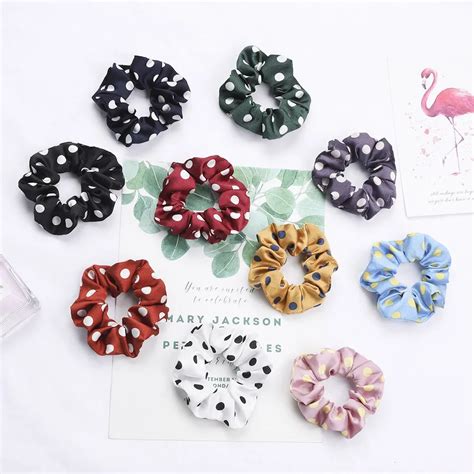 Korean Dot Print Hair Ribbon Scrunchies Elastic Hair Bands For Women And Girls Fashionable