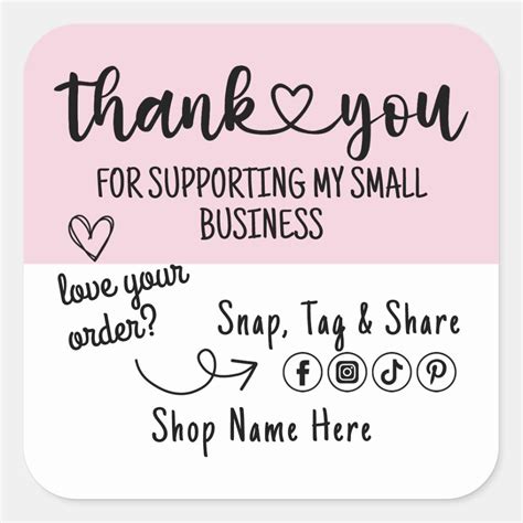 Thank You For Supporting My Small Business Pink Square Sticker Zazzle