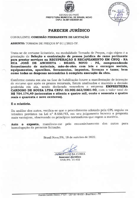 Parecer Jur Dico Final Prefeitura Municipal De Brasil Novo Gest O