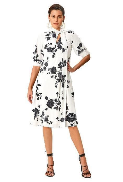 Shop Tie Neck Floral Print Crepe Shift Dress Eshakti